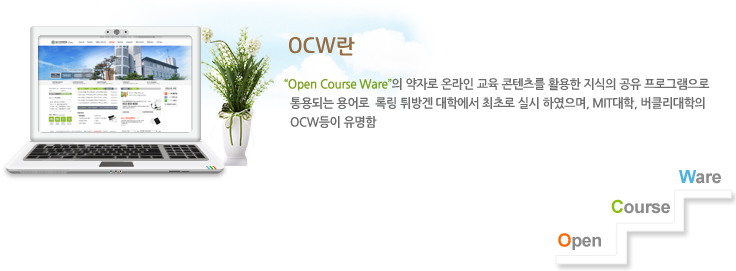 OCW란 - “Open Course Ware”의 약자로 온라인 교육 콘텐츠를 활용한 지식의 공유 프로그램으로 통용되는 용어로 독링 튀방겐 대학에서 최초로 실시 하였으며, MIT대학, 버클리대학의 OCW등이 유명함